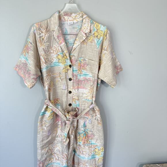 GAP Linen Jumpsuit Womens 8 Beige Tropical Floral Button Front Collared Belted - Picture 3 of 8